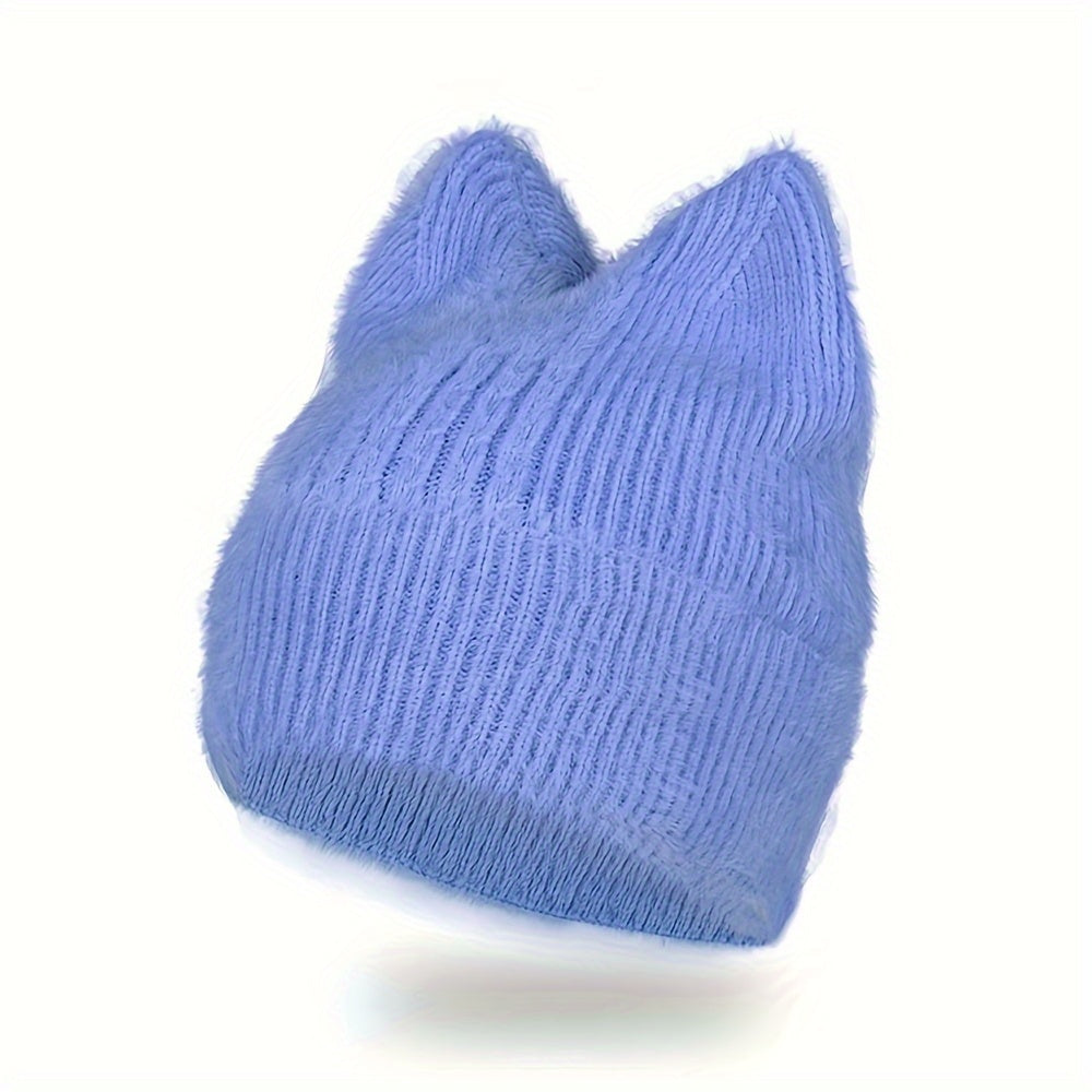 Knit Beanie with Cat Ears, Soft Stretchy Winter Hat