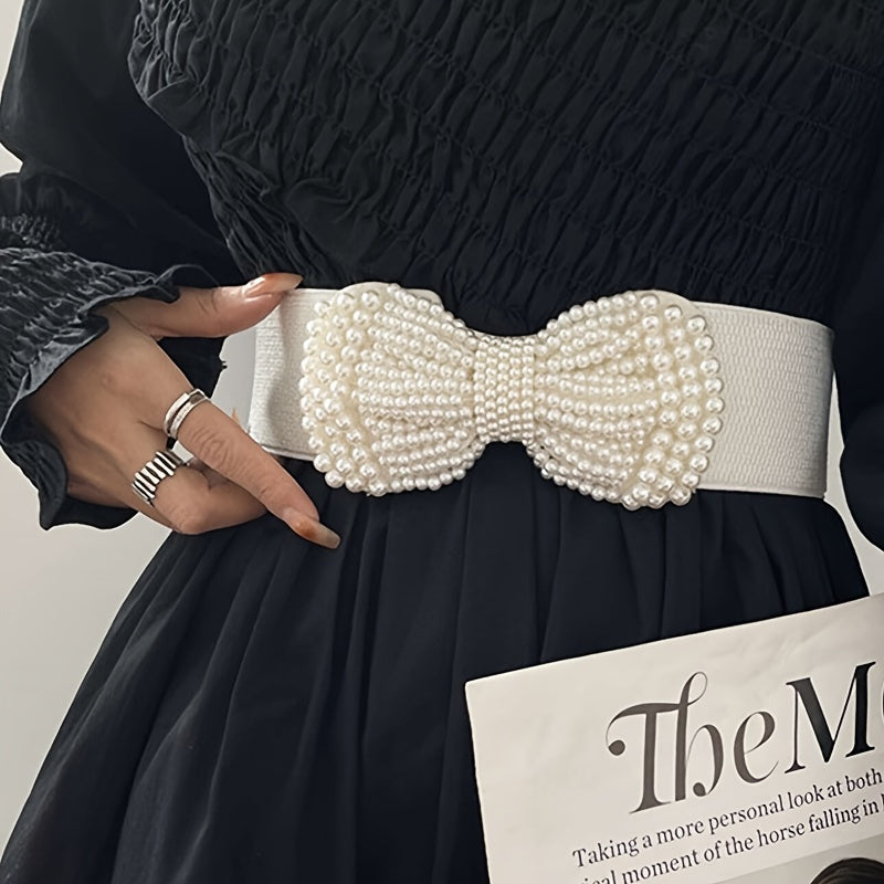 Faux Pearl Bowknot Wide Belts