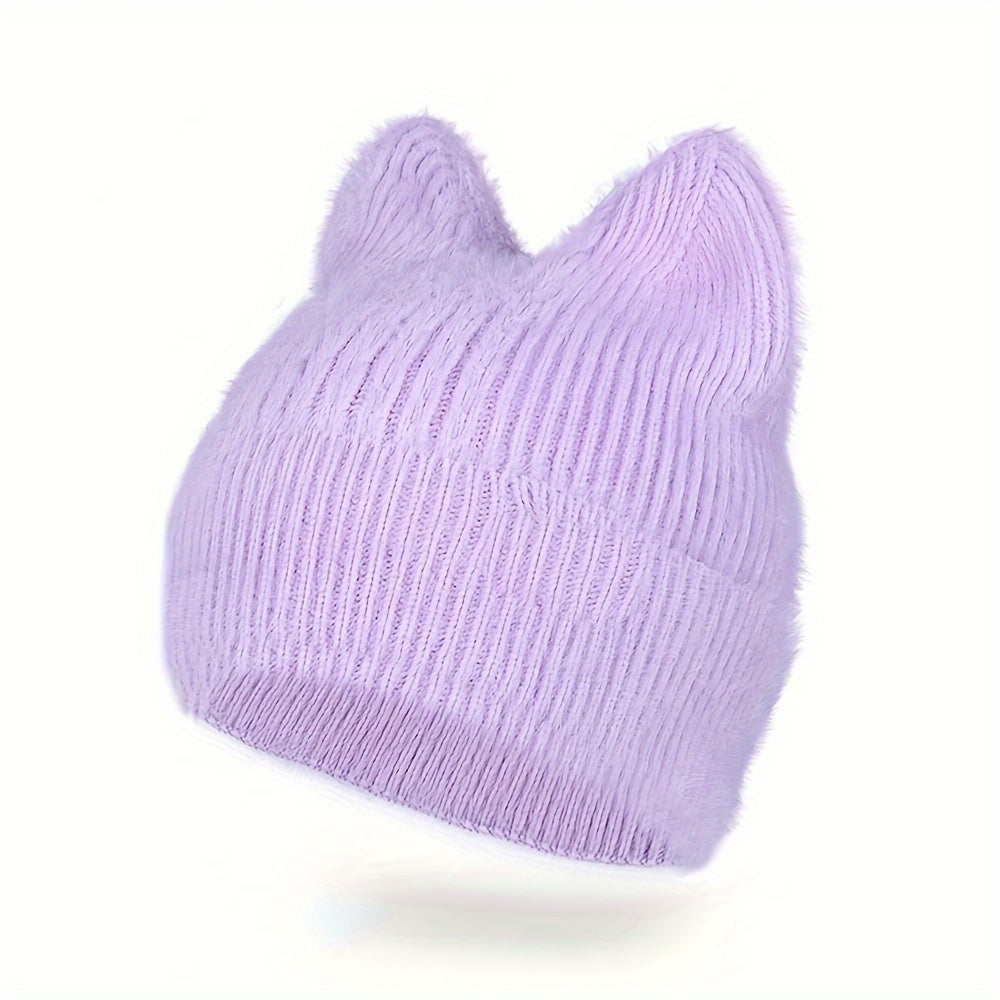 Knit Beanie with Cat Ears, Soft Stretchy Winter Hat