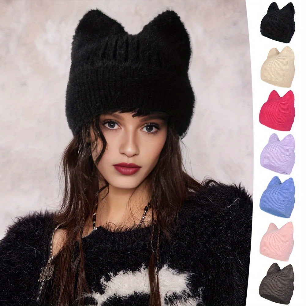 Knit Beanie with Cat Ears, Soft Stretchy Winter Hat