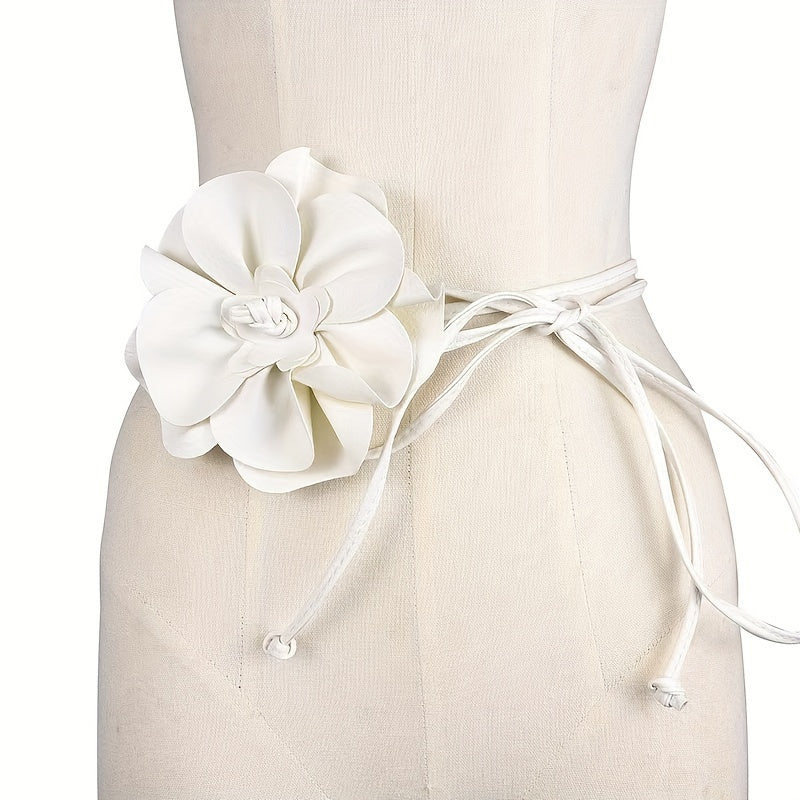 Vintage Style Camellia Flower Faux Leather Tie Waist Belt