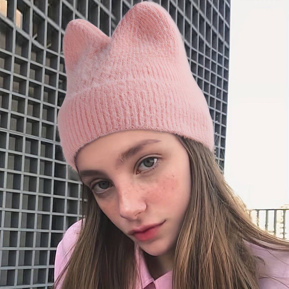 Knit Beanie with Cat Ears, Soft Stretchy Winter Hat