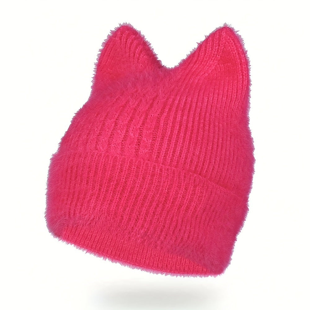 Knit Beanie with Cat Ears, Soft Stretchy Winter Hat